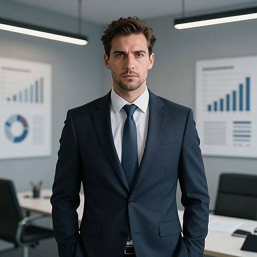 Confident Businessman in Modern Office with Charts and Graphs