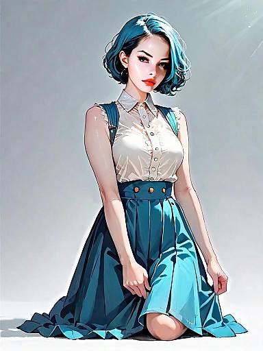 Realistic Comic Style Woman with Blue Hair in Chic Outfit Full Body Illustration