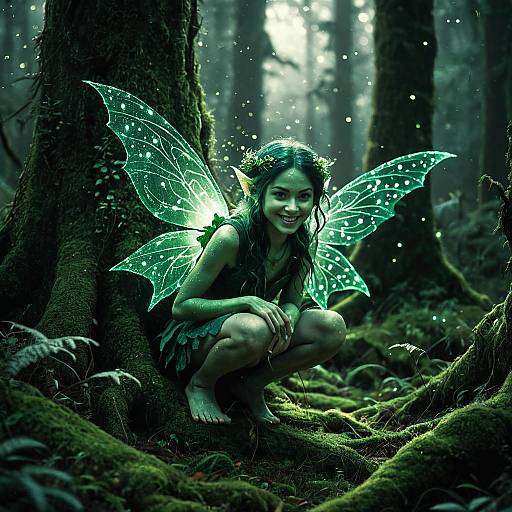 Forest Fairy Woman with Glowing Wings in Enchanted Woodland