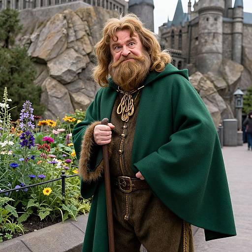 Man in Medieval Costume with Green Cloak at Castle Garden