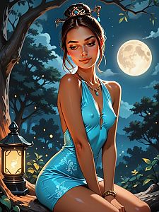 Woman in Silky Blue Dress Under Moonlight