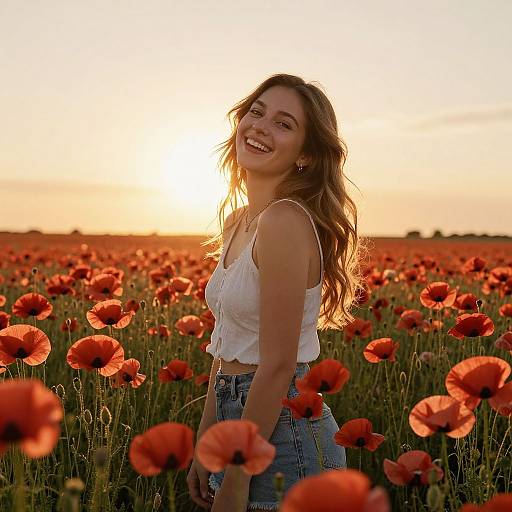Smiling Woman in Poppy Field at Sunset