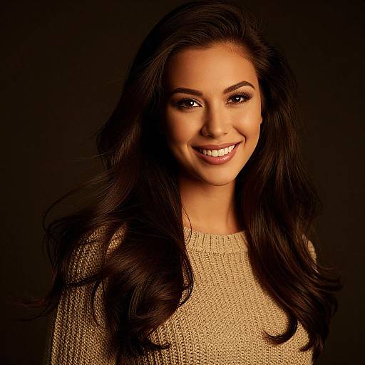 Portrait of Smiling Woman in Beige Sweater with Long Hair