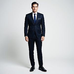 Confident Man in Navy Blue Business Suit Standing Against Plain Background