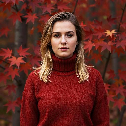 Woman in Red Turtleneck Sweater Posing Outdoors with Autumn Leaves Background