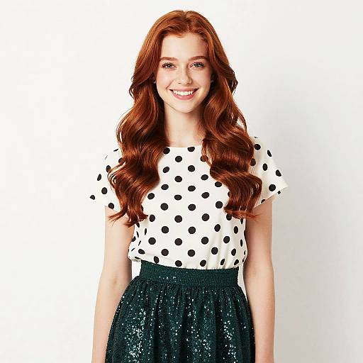 Gen Z Woman Wearing Polka Dot Top and Green Sequin Skirt