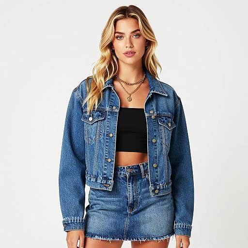 Trendy Gen Z Woman in Denim Jacket and Skirt Fashion Outfit