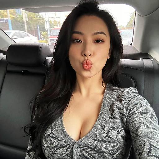 Young Woman in Gray Sweater Taking Selfie in Car Backseat