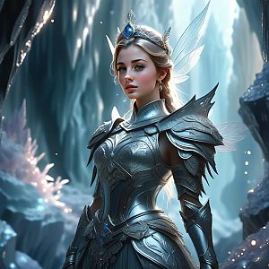 Woman in Silver Armor with Wings in Icy Cavern