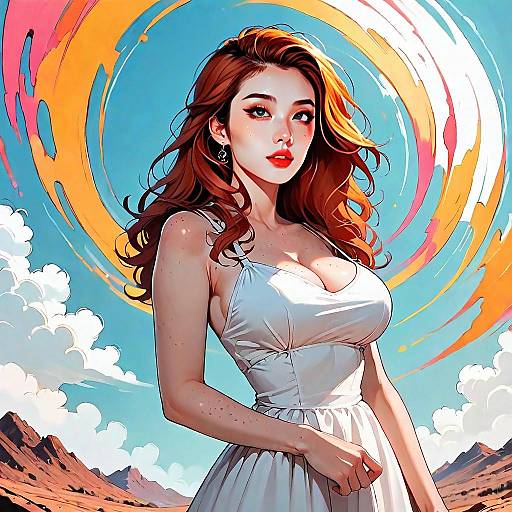 Digital Artwork of Red-Haired Woman in White Dress with Vivid Circular Swirl Background