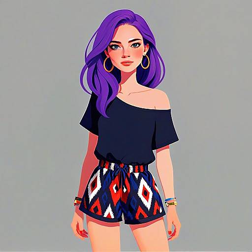 Casual Bohemian Woman with Purple Hair and Patterned Shorts Illustration