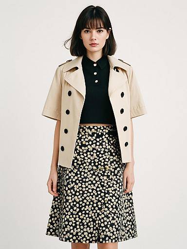 Woman Wearing Beige Cropped Double-Breasted Trench Coat with Floral Skirt