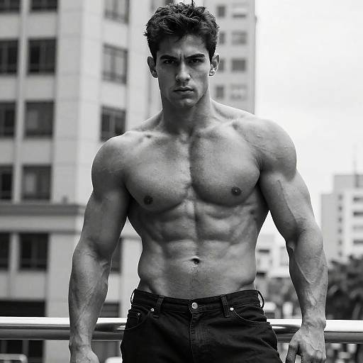Muscular Young Man Shirtless Urban Fitness Black and White Portrait