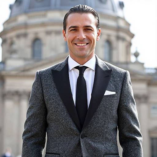 Confident Man in Elegant Grey Tuxedo Outdoors