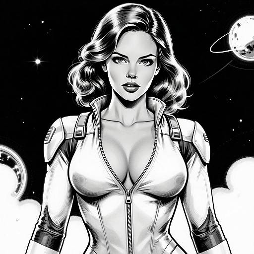 Futuristic Woman in Space Suit Black and White Digital Art