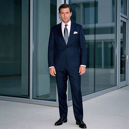 Businessman in Dark Pinstripe Suit Standing Outside Glass Building