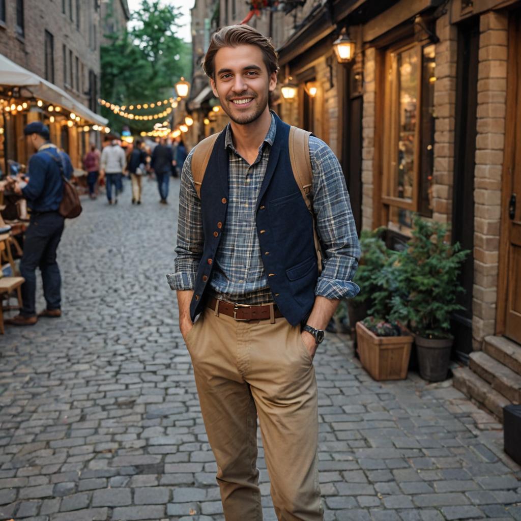 Smiling Man in Charming Street with String Lights