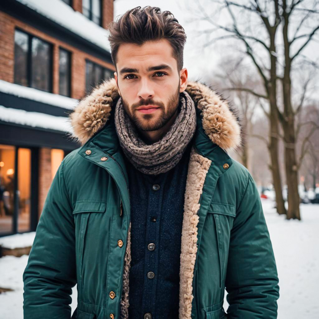 Stylish Man in Green Winter Coat with Scarf Outdoors in Snow