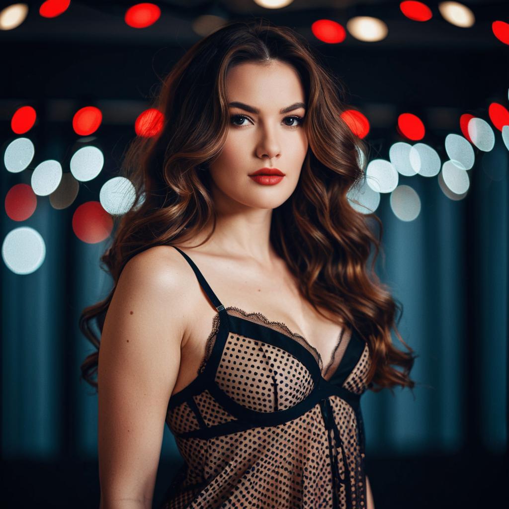 Glamorous Woman in Sheer Polka-Dot Lingerie with Bokeh Lighting