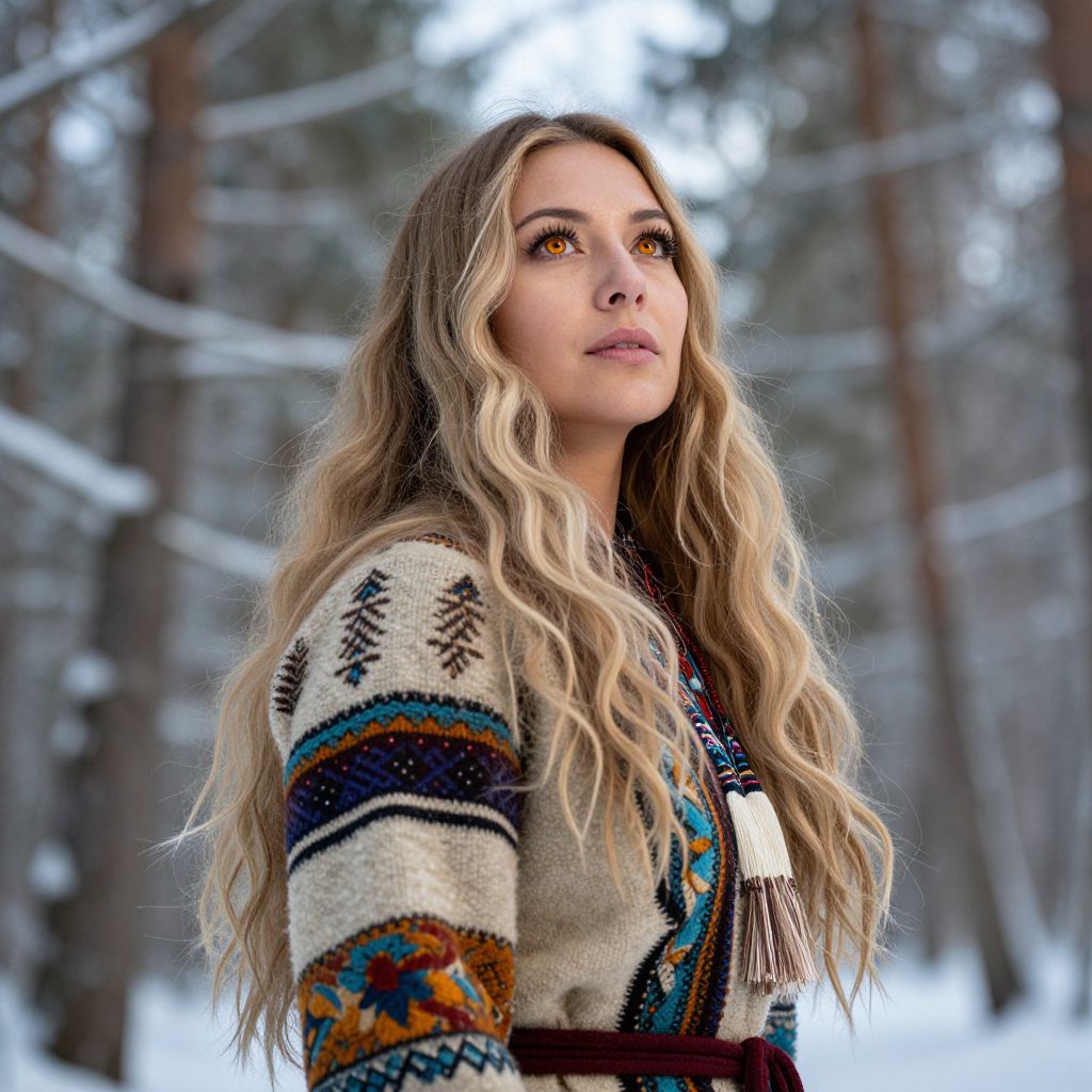 Woman in Ethnic Sweater in Snowy Forest
