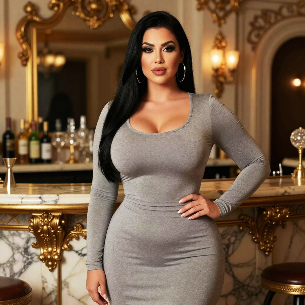 Elegant Woman Posing at Luxurious Gold and Marble Bar in Grey Dress