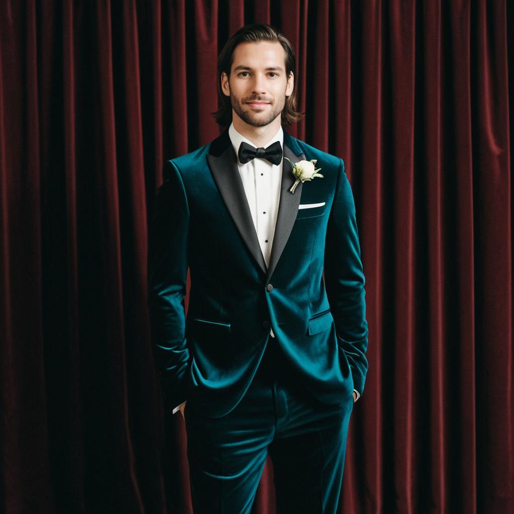Stylish Man in Teal Velvet Tuxedo with Bow Tie and Boutonniere