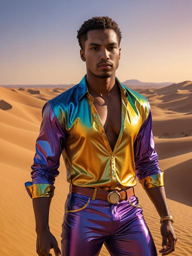 Confident Young Man in Colorful Outfit in Desert