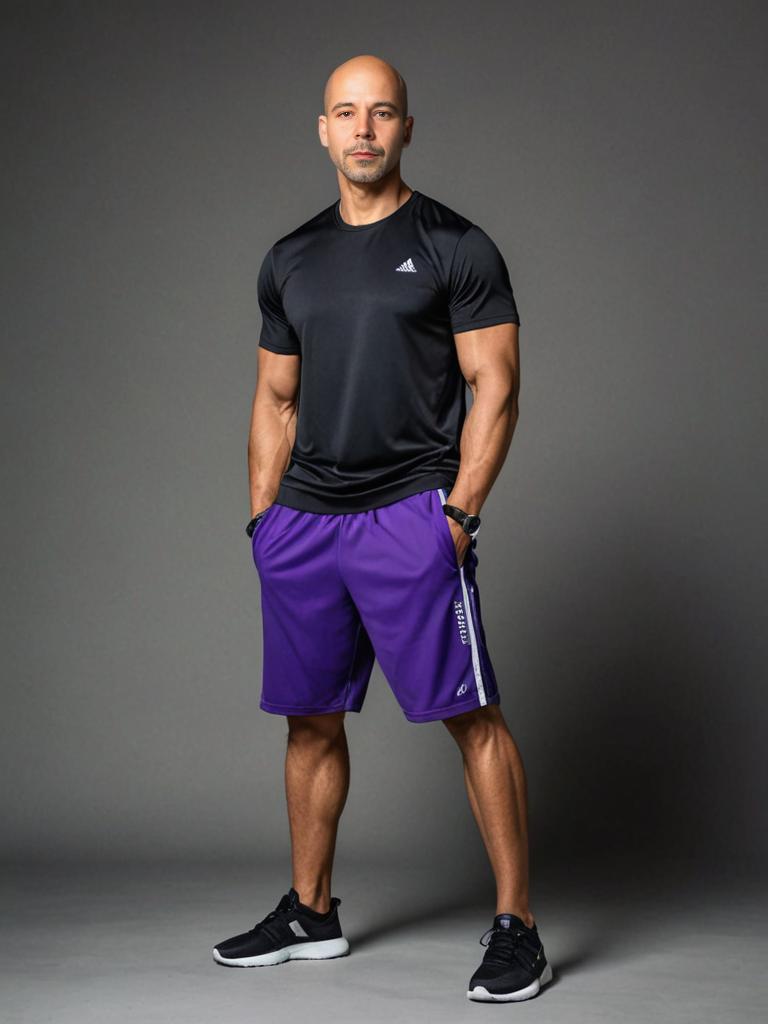 Confident Man in Adidas Shirt and Purple Shorts