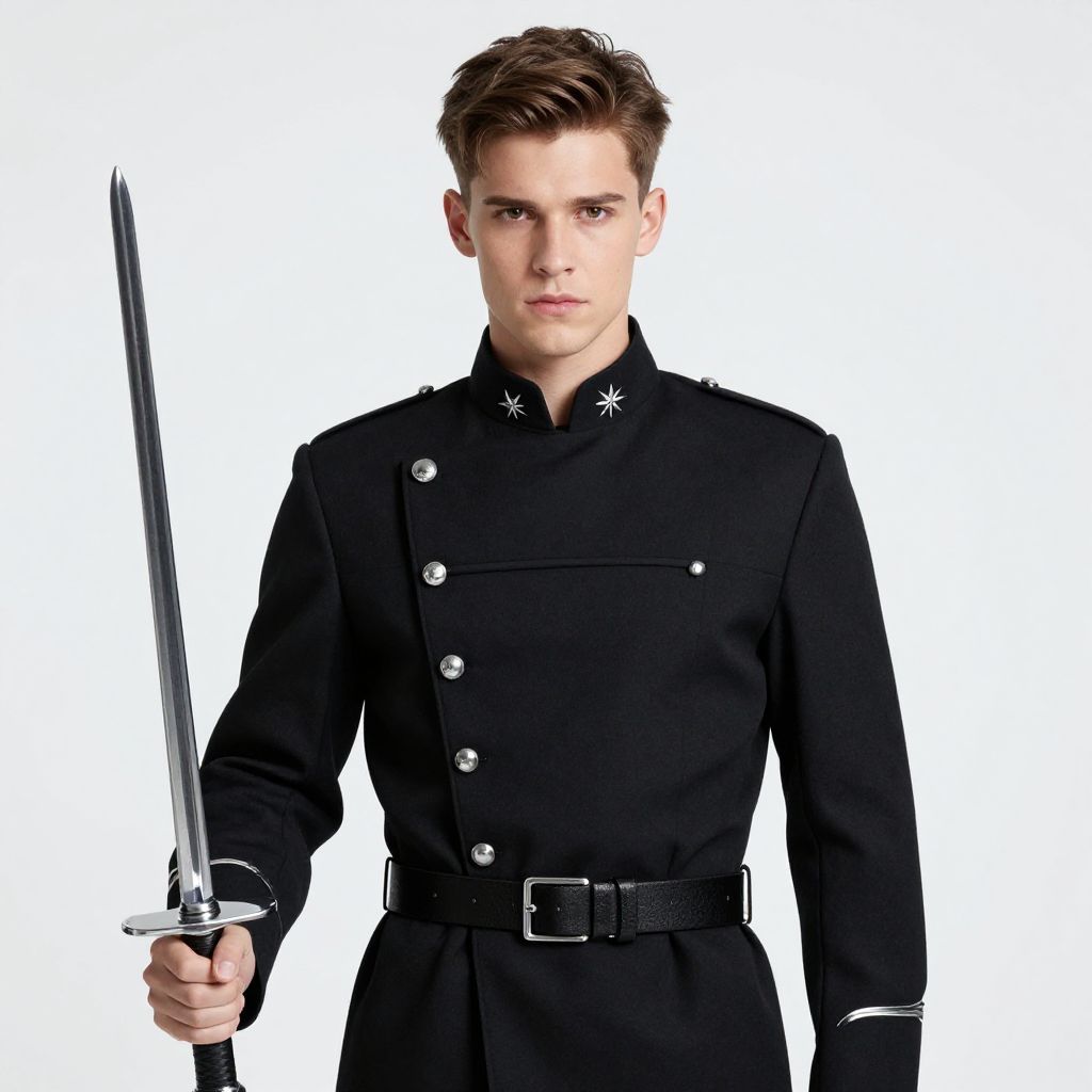 Young Man in Black Military Coat Holding Sword