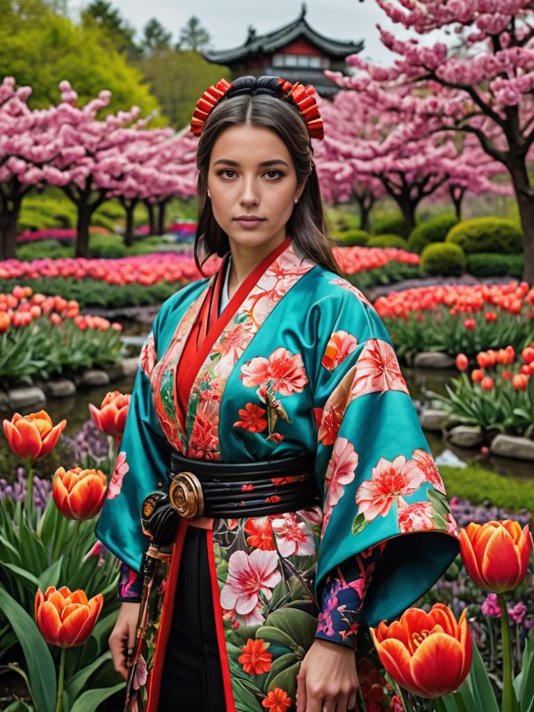 Woman in vibrant kimono amidst blooming garden