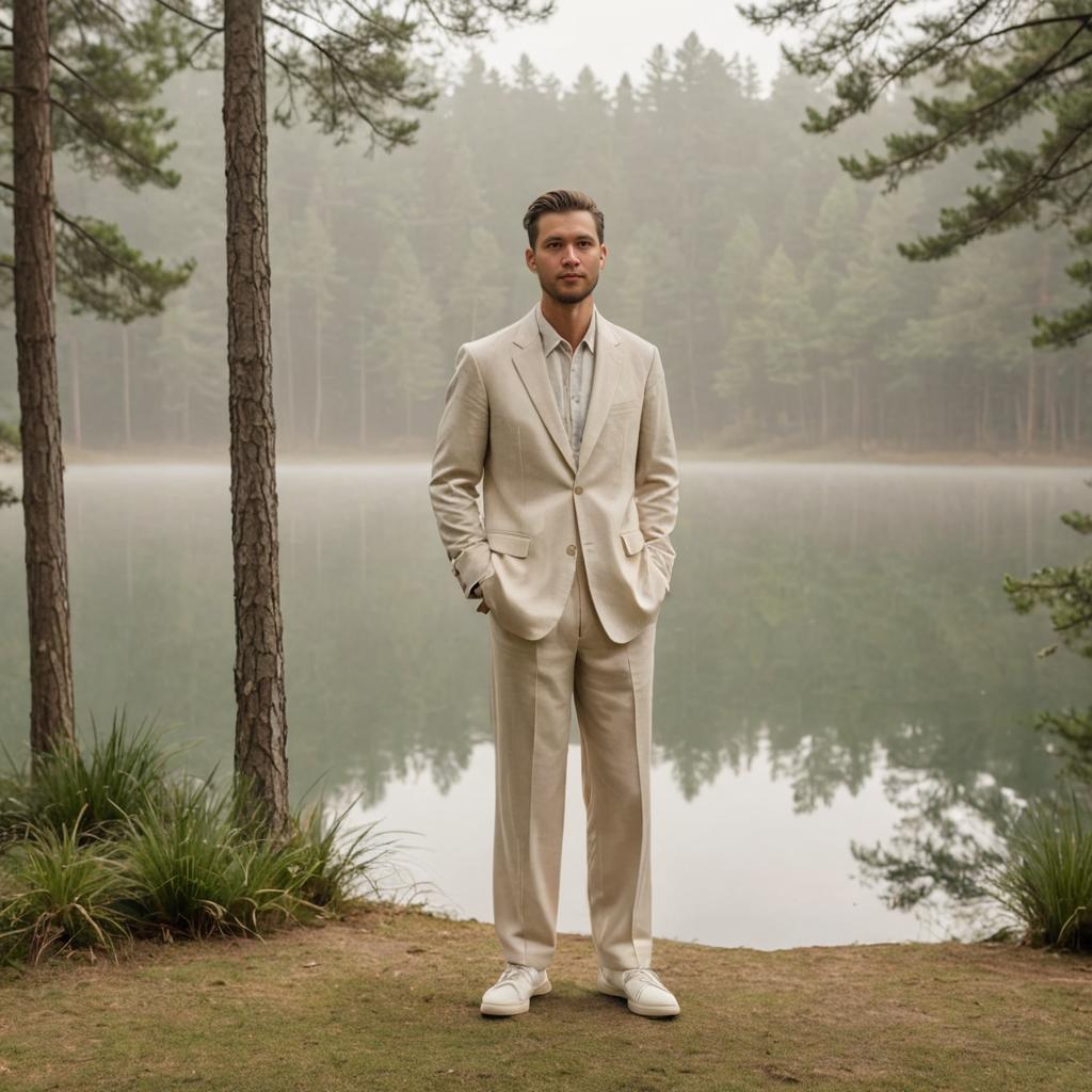 Elegant Man in Cream Suit by Serene Lake