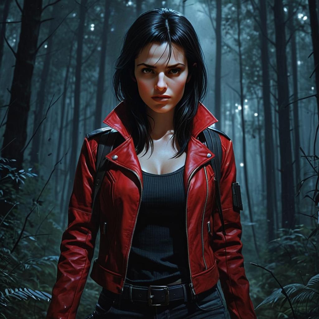 Confident Woman in Red Leather Jacket Standing in Misty Forest