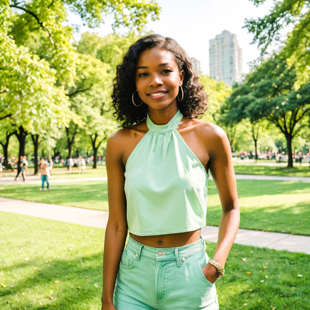 Stylish Woman in Green Outfit in Sunlit Park