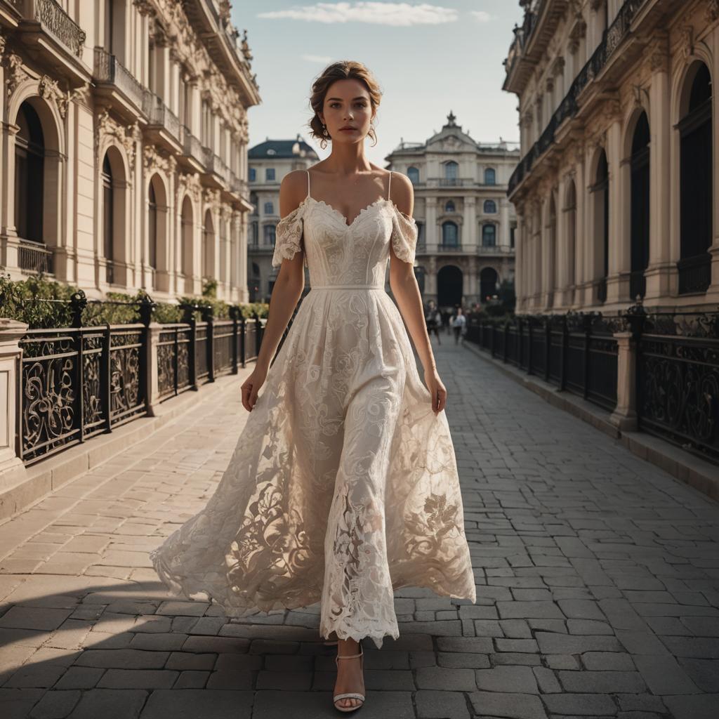 Elegant Woman in Lace Wedding Dress Walking on Historic City Street
