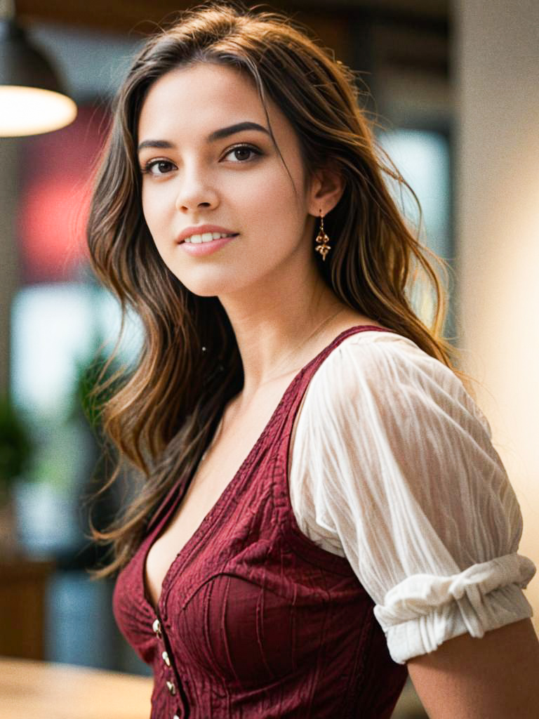 Young Woman in Stylish Burgundy Blouse