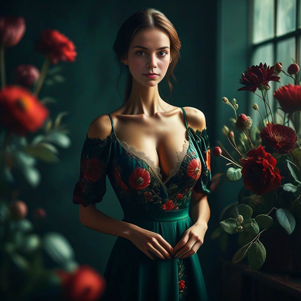Young Woman in Dark Green Dress by Window with Red Flowers Young Woman in Dark Green Dress by Window with Red Flowers