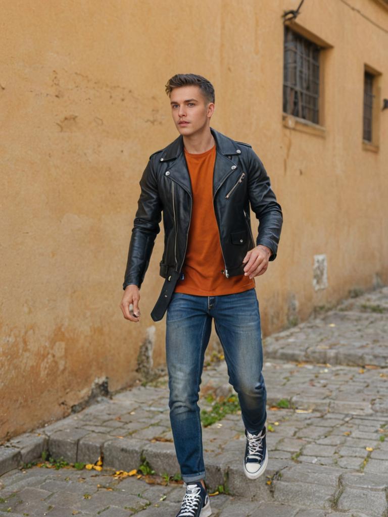 Stylish man in leather jacket walking in urban alley