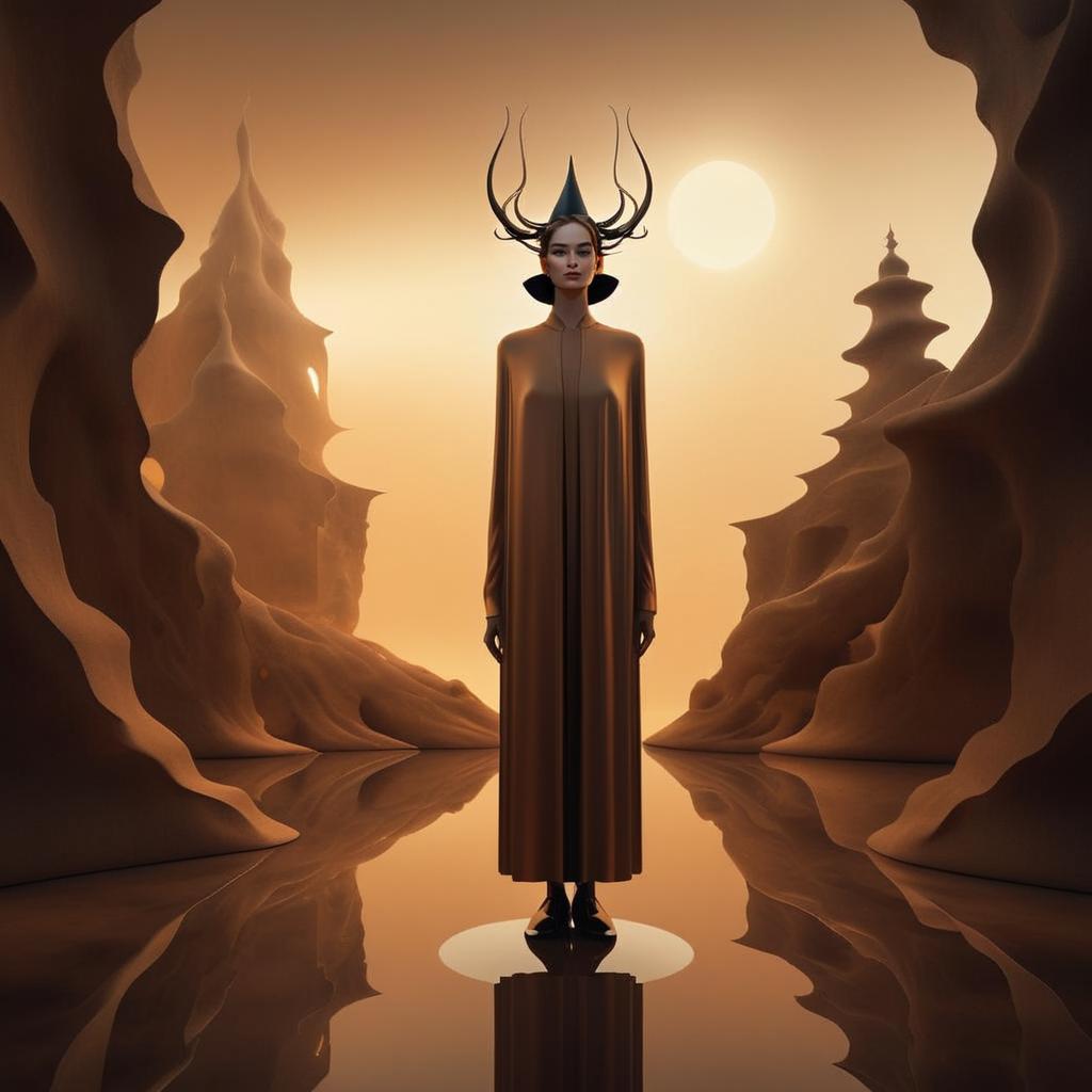 Solemn woman in a surreal landscape