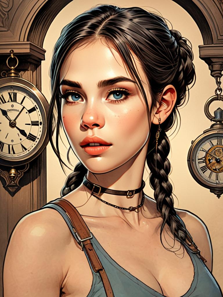 Hyper-Realistic Digital Portrait of Woman with Antique Clock Background