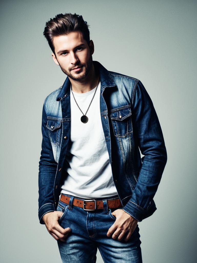Stylish Man in Denim Jeans Outfit Photorealistic Detailed Studio Portrait