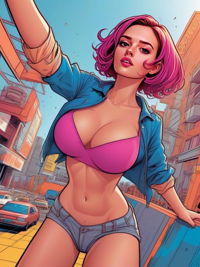 Confident Woman in Urban Setting with Pink Hair Confident Woman in Urban Setting with Pink Hair