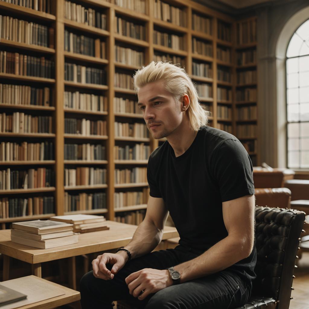 Young Blonde Man Sitting in Classic Library with Books