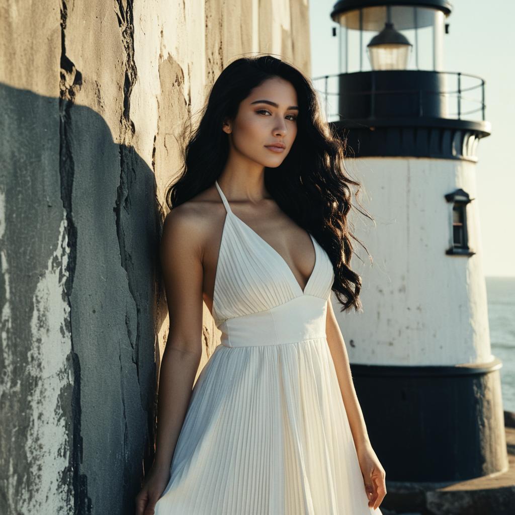 Woman in White Dress by Lighthouse