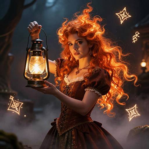 Red-Haired Woman in Renaissance Dress Holding Lantern with Magical Symbols