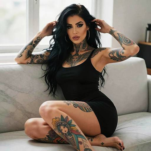 Tattooed Woman in Black Dress Sitting on Sofa with Intricate Body Art