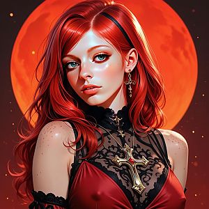 Young Woman with Red Hair and Blue Eyes Against Red Moon