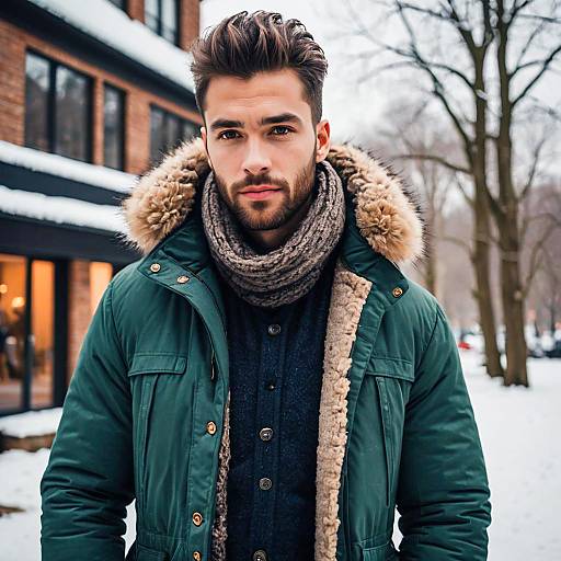 Stylish Man in Green Winter Coat with Scarf Outdoors in Snow