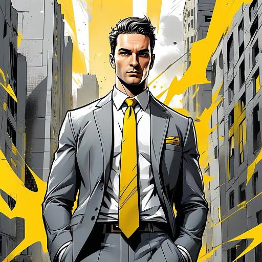 Stylish Man in Urban Setting Digital Artwork with Yellow Accents