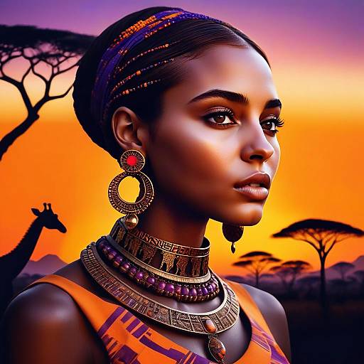Portrait of African Woman in Traditional Jewelry at Sunset with Giraffe Silhouette