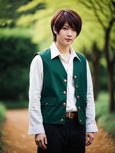 Young Man Wearing Green Vest and White Shirt in Outdoor Autumn Setting